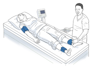 Person lying on examination table with blood pressure cuffs on ankles and upper arm as health care provider presses instrument against her foot.